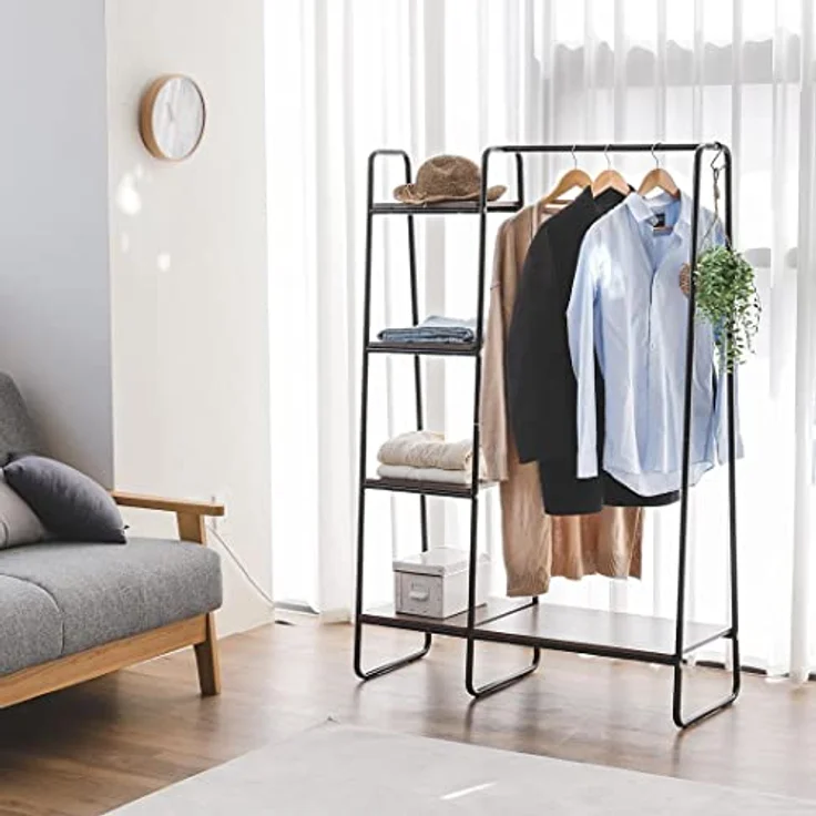 Iris Ohyama Kleiderständer mit Holzregalen, 4 Ebenen, Schwarz, Modernes, Robuster Rahmen, rutschfest, Für Schlafzimmer, Studio, Schrank, Kleidung & Schuhe, Wäscheständer, Einfacher Aufbau, PI-B3 – Bild 3