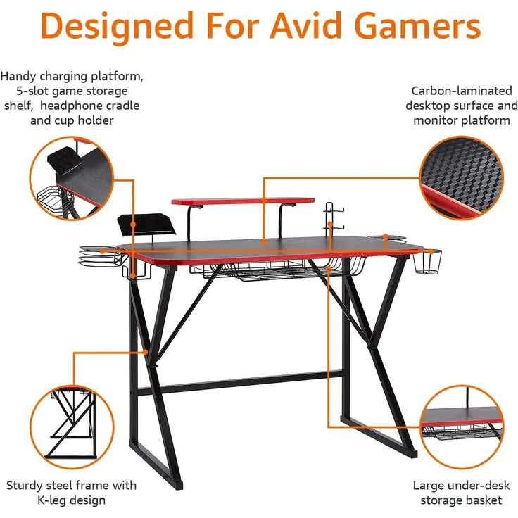 Amazon Basics – Gaming-Computertisch mit Aufbewahrung für Controller, Kopfhörer und Lautsprecher, rot – Bild 6
