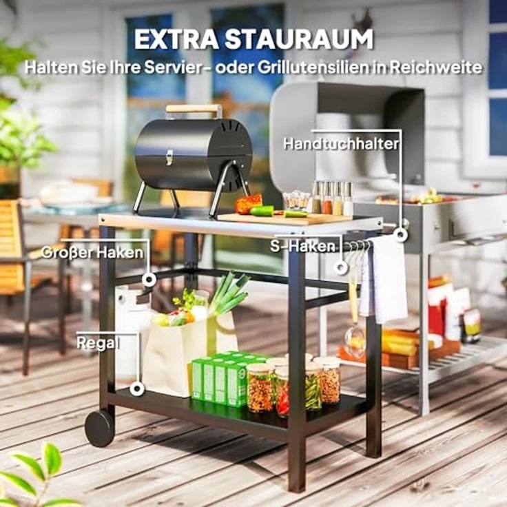 Outsunny Servierwagen mit Arbeitsfläche, Ablagen, Haken, Räder, (BBQ Grilltisch, 1 St, Grillwagen), für Garten, Terrasse, Grill, 102 x 56 x 81cm – Bild 4