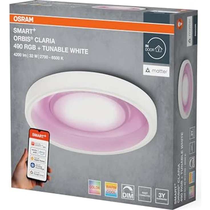 Osram SMART+ Matter Claria LED Deckenleuchte, 32W, 3150lm, RGB+TW 2700-6500K, WiFi, Haupt-/Seitenlicht – Bild 2