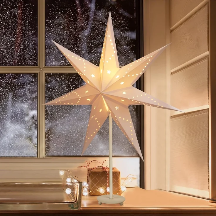 SALCAR LED Weihnachtsstern Beleuchtet Fenster 35cm, Papierstern Weihnachten mit E14 Lampe, 3D Leuchtstern Stehend Adventsstern mit Eisensockel Fuß, Weiß – Bild 1