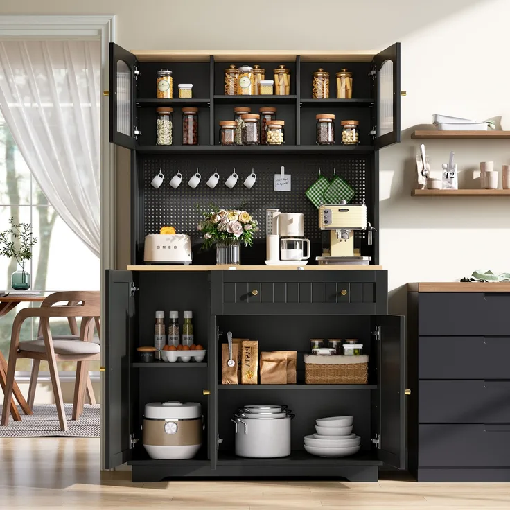 ZUBALIYA Vitrinenschrank mit Tür / Küchenschrank, mit verstellbaren Einlegeböden und lochblech, Schwarz, 103.5 x 40 x 180 cm, fürs Kinderzimmer, mit Schubladen, mit Stauraum