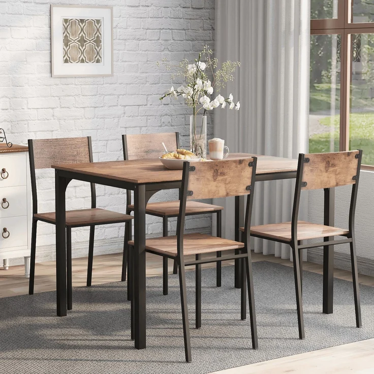 Esstisch 108x65x75 cm mit 4 Stühlen, Braun, Spanplatte/MDF mit PVC-Oberfläche und pulverbeschichtetem Metalllgestell – Bild 2