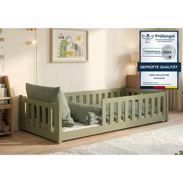 Kids Collective Kinderbett Bodenbett Bett mit Rausfallschutz & Lattenrost Montessori Bett Kinder (Jungen, Mädchen, Kinder, weitere Größen 80x180, 90x190, 90x200, 120x200, 140x200 cm), Jugendbett Gitterbett Einzelbett, Olivgrün Kiefer 80x160 cm – Bild 1