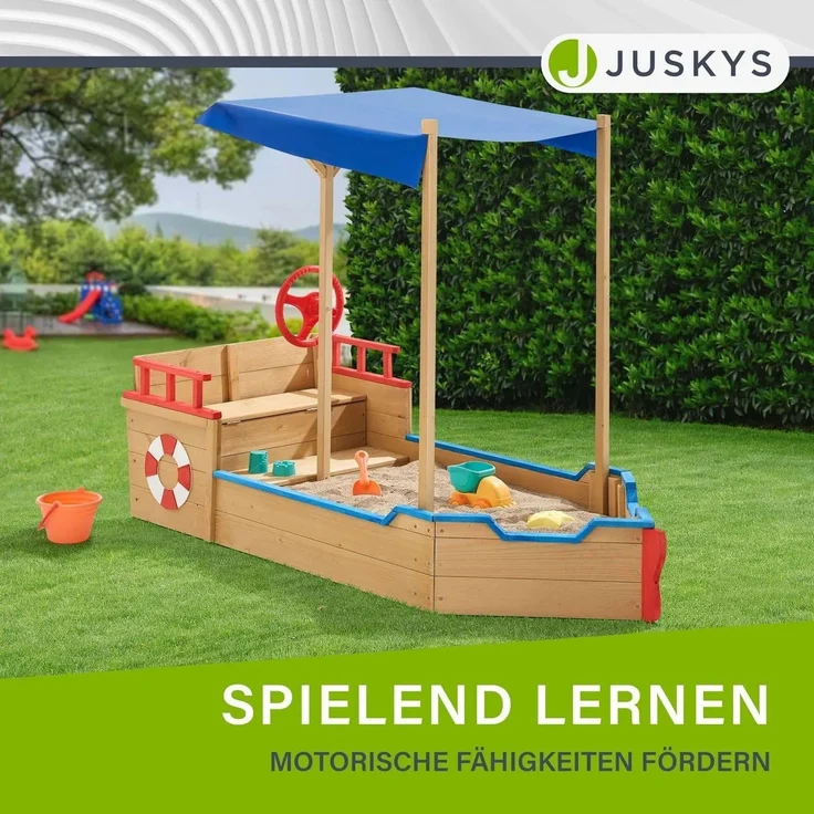 Juskys 'Käpt’n Pit Piratenschiff' Sandkasten mit Dach & Sitzbank, Holz natur, 70 x 160 x 120 cm – Bild 8