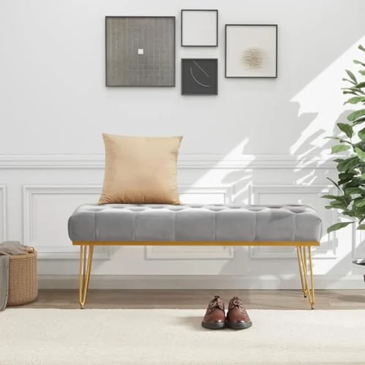 Shally Dogan Sitzbank aus Stoff, Sitzbank für Schlafzimmer, Ottomane mit hochdichter Polsterung, Mehrzweck-Eingangsbereich, ideal für Schlafzimmer, Wohnzimmer, Grau – Bild 3