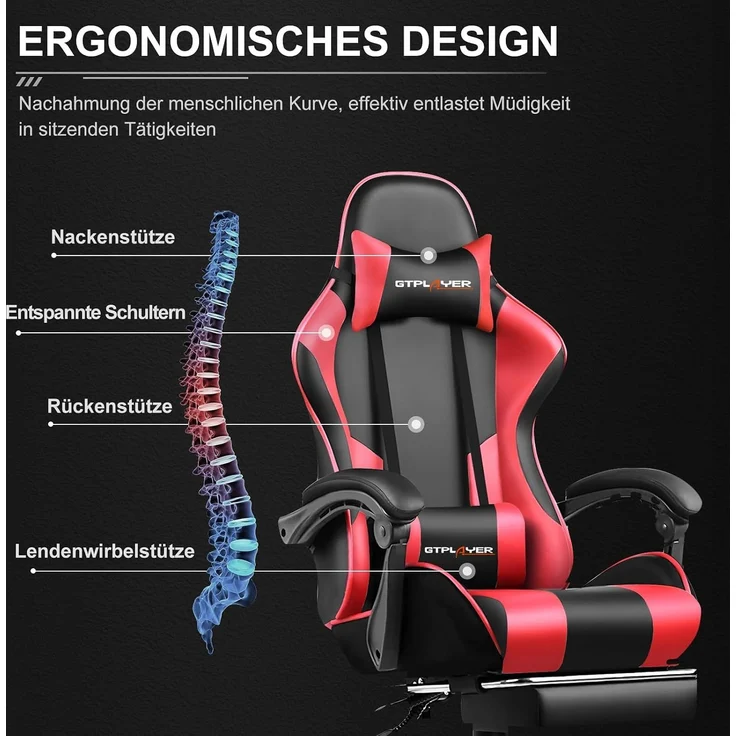 GTPLAYER Gaming Stuhl Bürostuhl Massage Gaming Sessel Ergonomischer Gamer Stuhl mit Fußstütze, Kopfstütze Massage-Lendenkissen, Gepolstert Gaming Chair, Drehsessel, rot – Bild 3