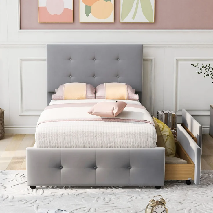 Polsterbett mit Stauraumschublade, Samtstoff, modernes Kinder- & Gästebett, robustes Lattenrost,Grau – Bild 3