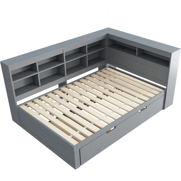 CHICFURN Doppelbett aus Massivholz Grau 140x200 cm mit Ausziehbett 90x190 cm, USB-Anschluss und Stauraum – Bild 5