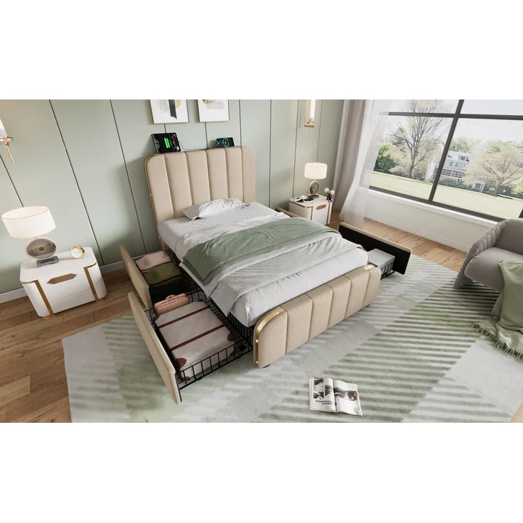 Polsterbett Leinen mit USB-Anschluss & 4 Schubladen, 90x200 cm, 215x98x102 cm, Beige, ohne Matratze – Bild 4