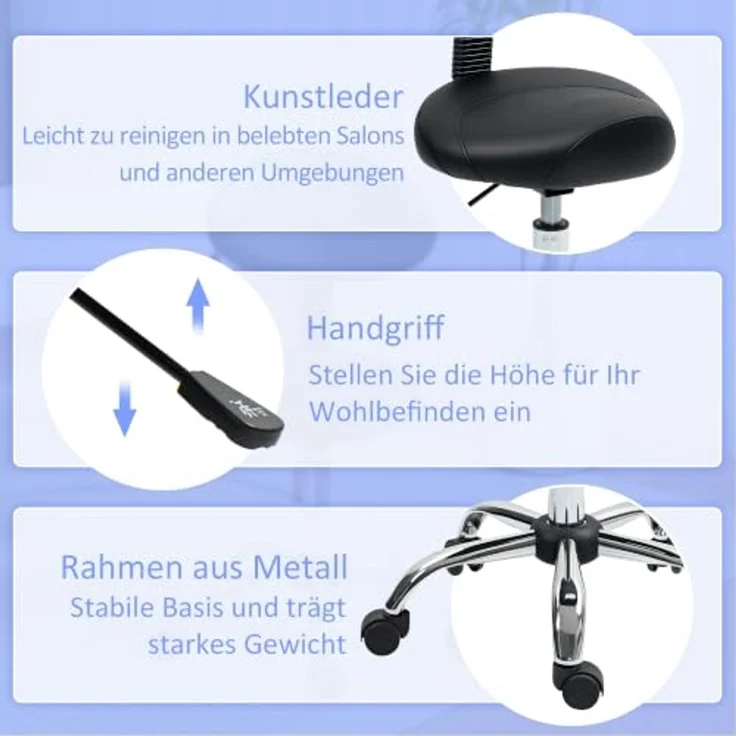 HOMCOM Drehhocker Hocker Bürohocker Sattelhocker mit Rückenlehne (höhenverstellbar Rollhocker, 1 St, 360° drehbar Arbeitshocker), für Büro Salon Massage Spa Schwarz – Bild 6