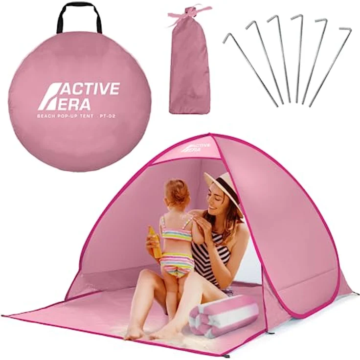 Active Era Pop Up Strandmuschel mit UV Schutz, UPF 50+ Strandzelt, Windschutz Strand, Zelt für 2-3 Personen inkl. Tragetasche und Heringe - Pink – Bild 1