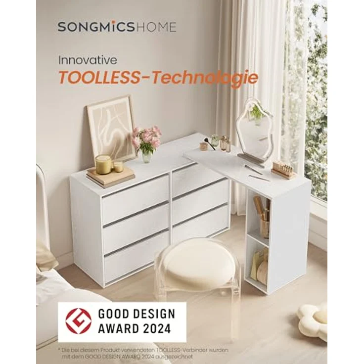 SONGMICS HOME Kommode, Schrank, Schminktisch mit Regal, Schnelle werkzeuglose Montage, nebeneinander oder L-förmig, für Schlafzimmer, Arbeitszimmer, Toolless-Technologie,schneeweiß – Bild 4