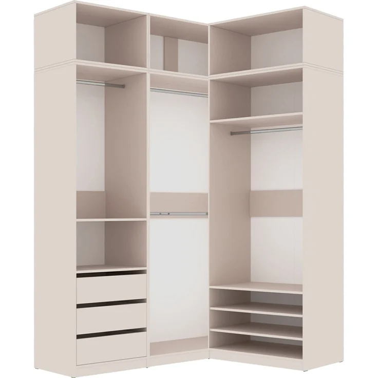 Marmex Möbel Tres Set-L/N Eckkleiderschrank mit Schubladen ohne Türen, Einbauschrank über Eck mit Regalen und Kleiderstangen, laminierte Spanplatte, graubeige cashmere 111/180x246x51 cm – Bild 1