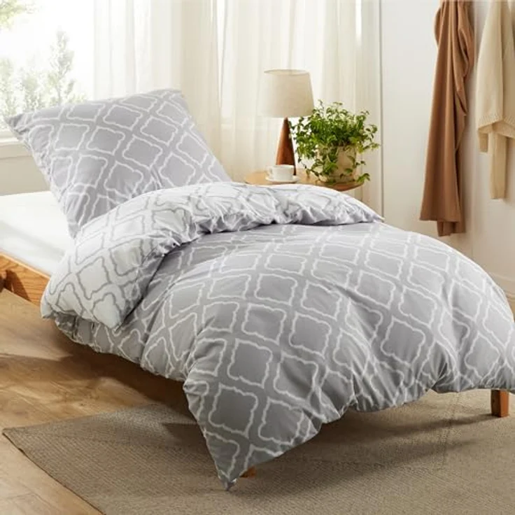 BEDSURE Bettwäsche 135x200 2teilig Bettbezug - Bettwäsche-Sets 135x200 cm mit Kissenbezug 80x80 cm, Weich Wendebettwäsche Bedding Gitter Grau Muster für Einzelbett mit Reißverschluss – Bild 3