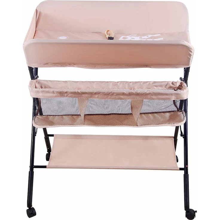 Klappbare Baby Wickelkommode, Wickeltisch mit Ablageflächern, Rollen, Kissen mit Höhenskala, 80 × 66 × (92-95-98) cm, Beige – Bild 7