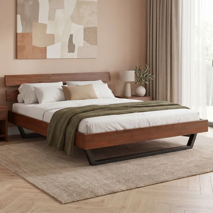 skølm 'Alver' Bett 180x200 cm, Bettgestell, natur geölt, Massivholzbett aus Eiche mit Metallkufen, Walnuss Optik, Bettkopf 2 Streben – Bild 1
