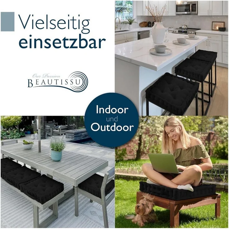 Beautissu Stuhlkissen Mila Bodenkissen, 50x50cm, Schwarz, Sitzkissen, 100% Baumwolle, Indoor & Outdoor, exzellenter Komfort und Stil, praktischer Tragegriff