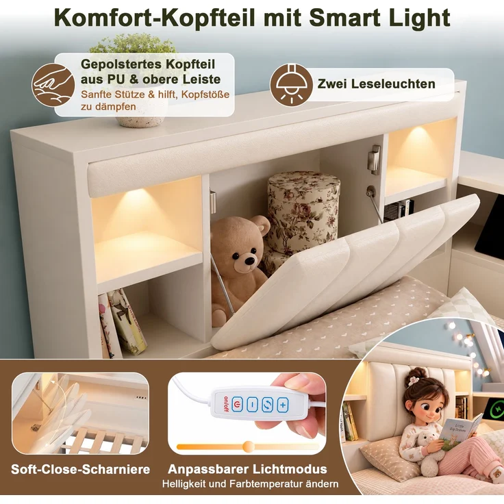 Ausziehbett 140×200 cm mit Zusatzbett 90×190 cm, gepolstertem Kopfteil, Weiß, ohne Matratze – Bild 6