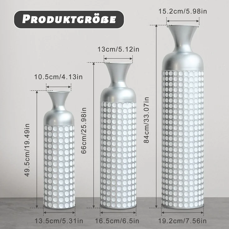 Metall Bodenvase Silber, 3er Set Moderne Hochglanz Vase mit Punktmuster, 49,5/66/84 cm Groß Dekovase für Wohnzimmer, Esszimmer, Flur, Deko für Trockenblumen und Pampasgras--Silber--92x24.5x24.5cm--YOUDENOVA – Bild 4