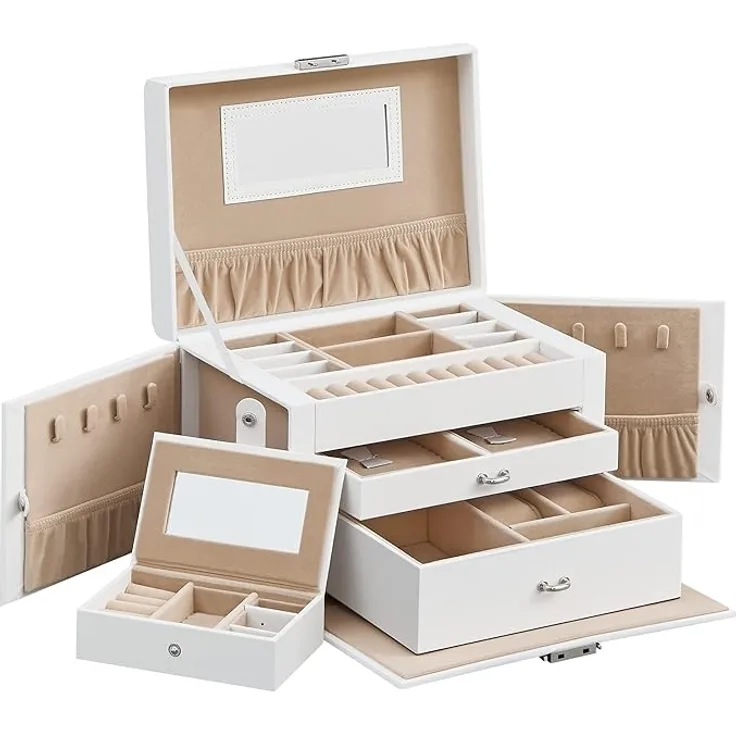 Songmics Schmuckkästchen mit 2 Schubladen und tragbarer Mini-Box für Reisen, abschließbar, MDF weiß, 17 x 18 x 26 cm