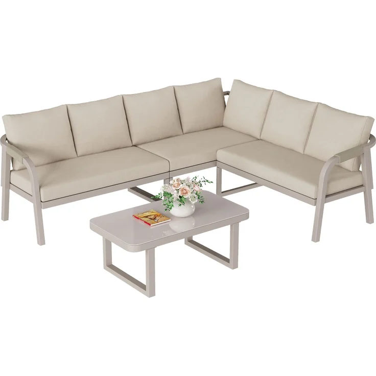 Merax Gartenmöbel-Set 6 Sitzer, Gartenlounge-Set Gartensofa mit Kissen und Tisch, Gartengarnitur Sofagarnitur Geflochten, Beige – Bild 10