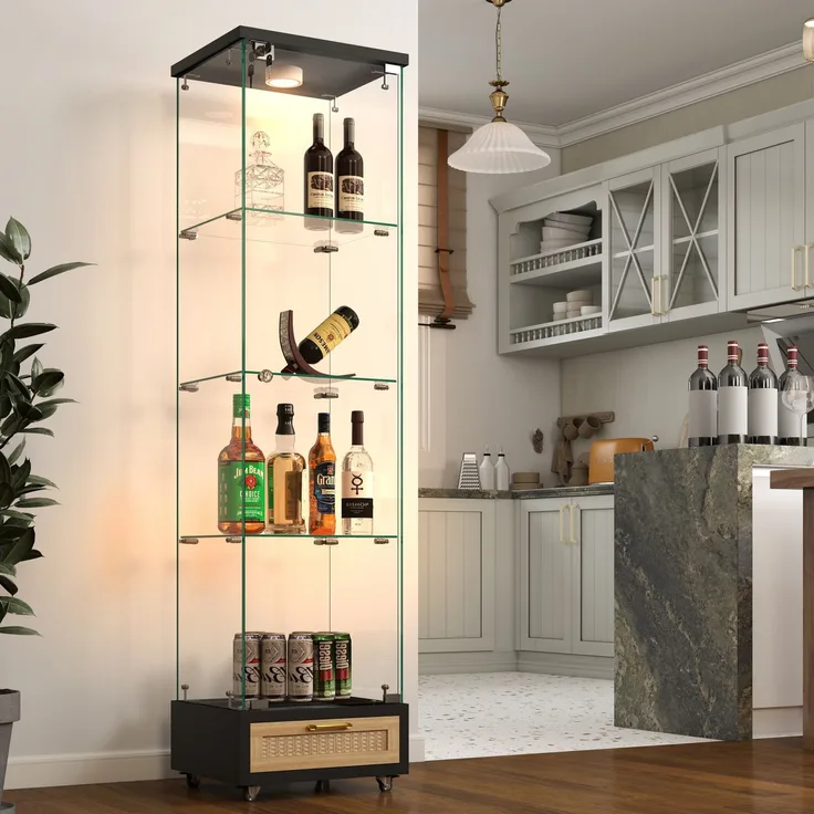 Vitrine 42,5x36,5x167 cm in Schwarz mit LED, Glastür und Schubladen