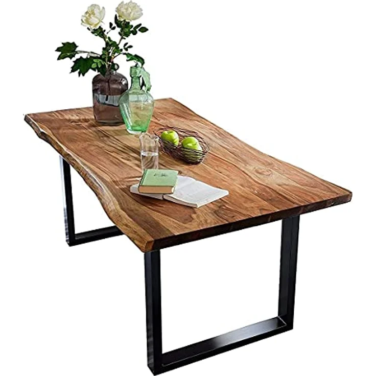 SAM Baumkantentisch 140x80 cm Quarto, Akazienholz massiv + nussbaumfarben lackiert, Esstisch mit schwarz lackiertem U-Gestell, Esszimmertisch/Holztisch im Industrial-Design, Tischplatte 26 mm – Bild 2