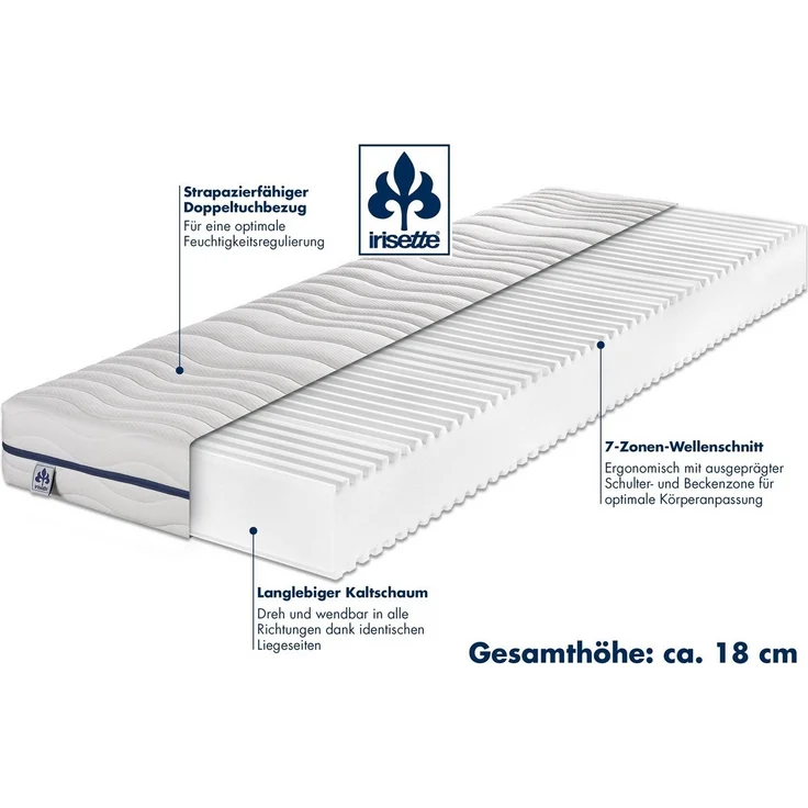 Irisette Stella orthopädische 7-Zonen Kaltschaummatratze, Härtegrad 3 (mittelfest), 80x200 cm, Öko-Tex Zertifiziert, produziert in Deutschland – Bild 2