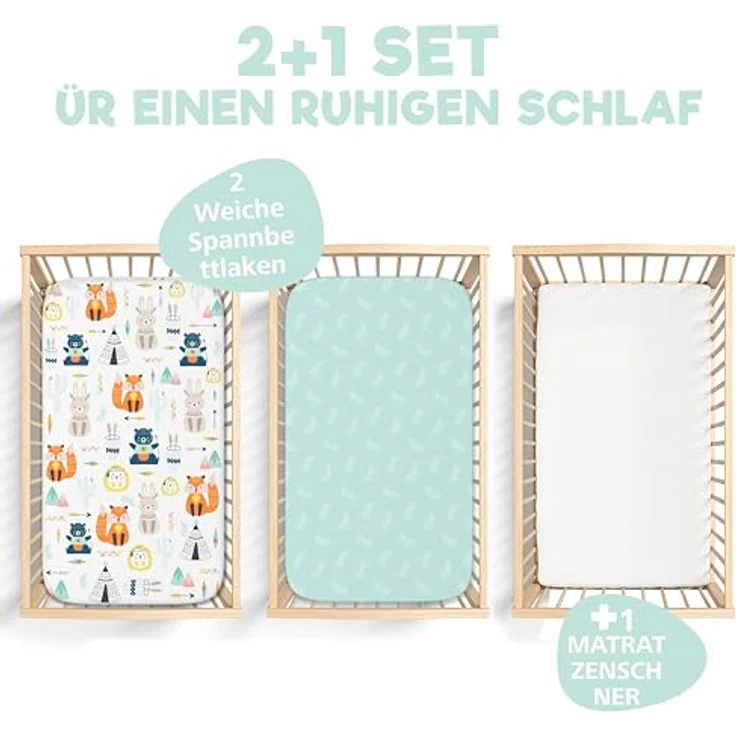2X Spannbettlaken aus 100% Baumwolle mit Gummiband - 1X Matratzenschoner aus 100% wasserdichtem Material - 3er-Set - 50x83 cm - Fuchs – Bild 3