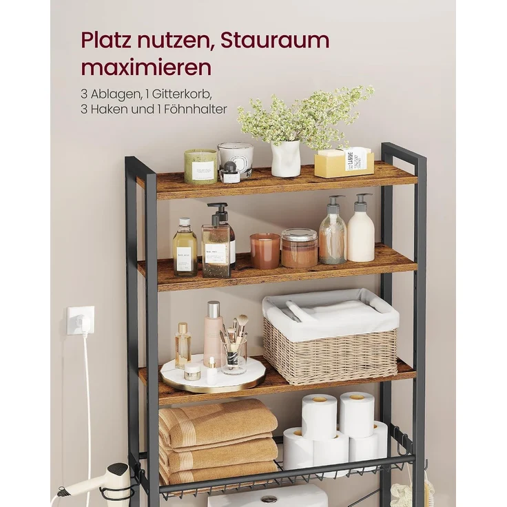 VASAGLE Toilettenregal, Badezimmerregal mit verstellbaren Ablagen und Gitterkorb, WC-Regal mit Föhnhalter, 3 Haken, platzsparend, 24 x 60 x 173 cm – Bild 4