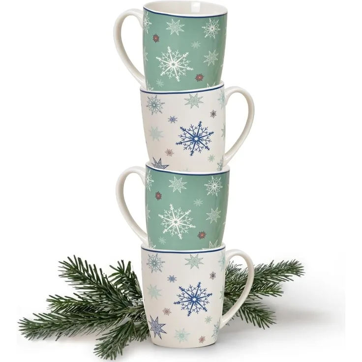 matches21 HOME & HOBBY Tasse Weihnachtstassen 4er Set Schneeflocken Eissterne Kaffeetassen, Porzellan, Tee Kaffeebecher, Weihnachten, modern, grün blau weiss, 300 ml