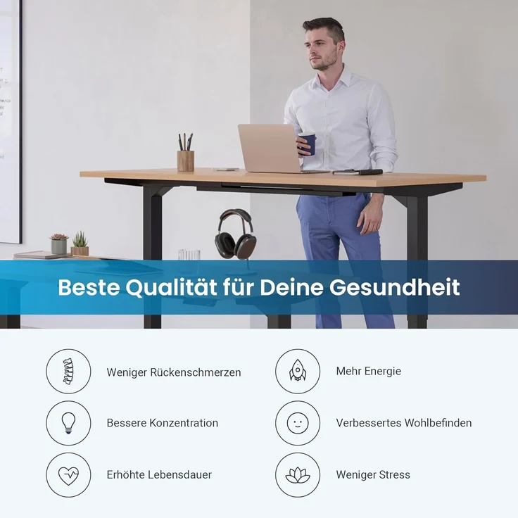Desktopia Pro X - Elektrisch höhenverstellbarer Schreibtisch / Ergonomischer Tisch mit Memory-Funktion, Buche, Gestell Weiß, 180x80 cm – Bild 5