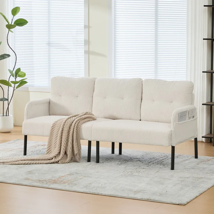 DESVIAE Sofa Dreisitzer mit Seitentasche 171x80x72 cm aus Cord Beige