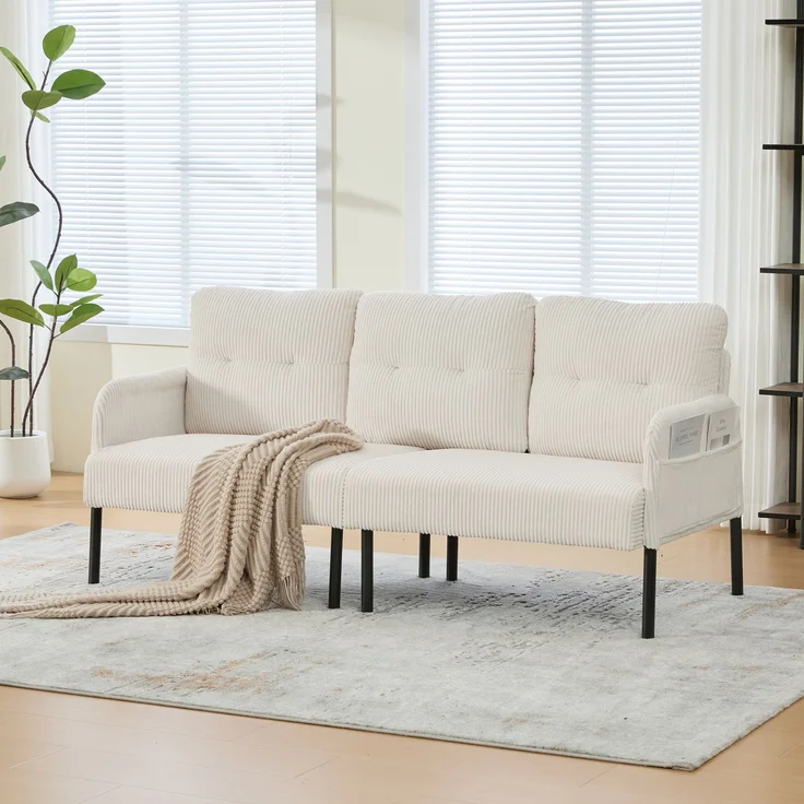 DESVIAE Sofa Dreisitzer mit Seitentasche 171x80x72 cm aus Cord Beige – Bild 1