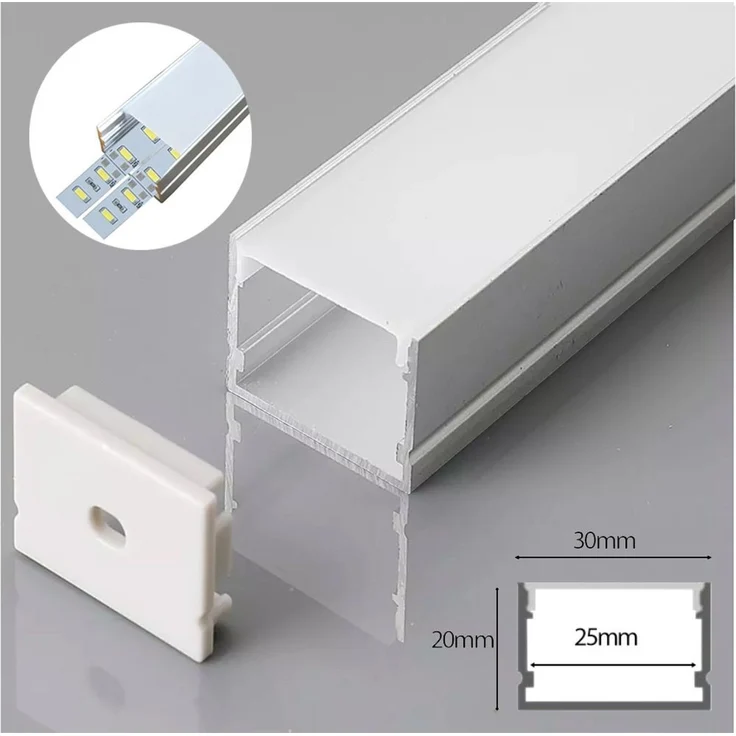 2m LED Alu Profil Alu Schiene Profil Alu Schiene LED Kanal mit Milchglas Abdeckung Extra Breit 20mm 30mm Hoch – Bild 2