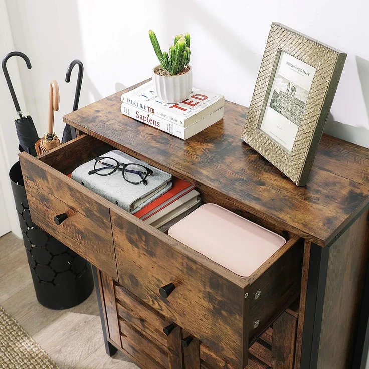 Vasagle 'LSC86BX' Beistellschrank, Sideboard mit Regalebene und Schublade, Küchenschrank, mit Lamellentüren, Wohnzimmer, Schlafzimmer, Arbeitszimmer, Büro, Flur, Industrie-Design, Vintage, Dunkelbraun, 80 x 68,6 x 30 cm – Bild 4