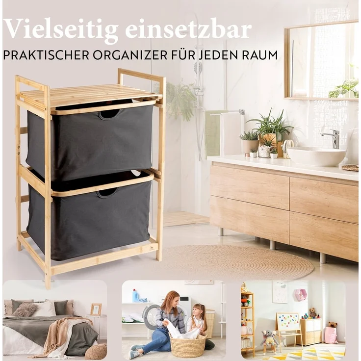 HENNEZ Badezimmerregal 2 Fächer | Bambusregal mit Ablage und 2 Körben | Badregal mit Schubladenboxen | Standregal – ideal als Kommode & Wäschesammler | Wäschesortierer mit Stoff Schubladen | Holzregal – Bild 7