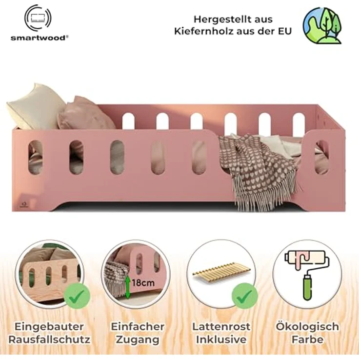 smartwood Kinderbett Bodenbett 100x190 mit Rausfallschutz & Lattenrost - Rosa - Kinder Montessori Bett TILA 2P mit glatten Kanten - Betten für schnelle Montage - Bis 230 kg belastbar – Bild 4