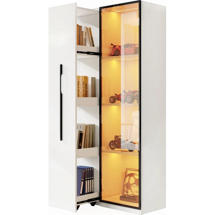ZUBALIYA Multifunktionsschrank 160 cm hoch – Bücherregal und Vitrine mit Türen aus gehärtetem Glas, Türrahmen aus Aluminium, 1 Tür, 1 seitliche Schublade, mit Rollen und LED-Beleuchtung – Vitrine, Esszimmersch – Bild 12