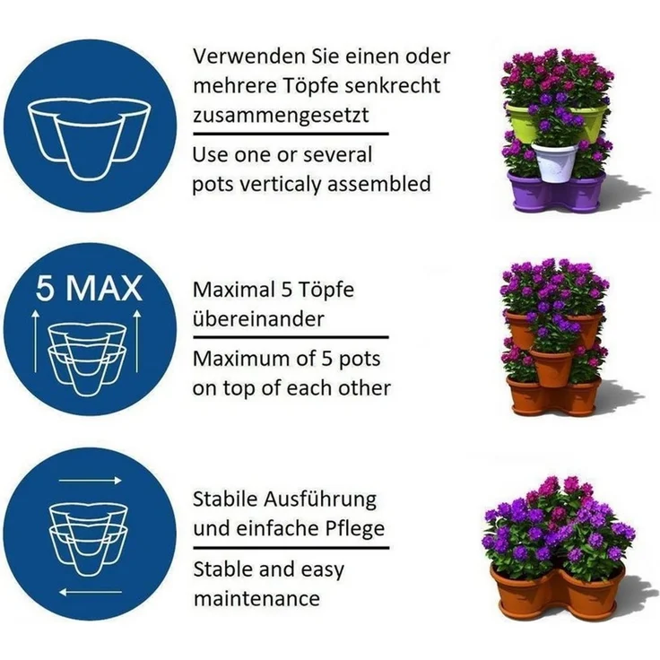 Engelland Blumenständer Säulentopf, Hochbeet, Kräuterbeet (Vorteils-Set, 4 St, 11 Liter Fassungsvermögen je Ebene), fallsicher, UV-beständig, stapelbar, platzsparend, robuster Kunststoff – Bild 2