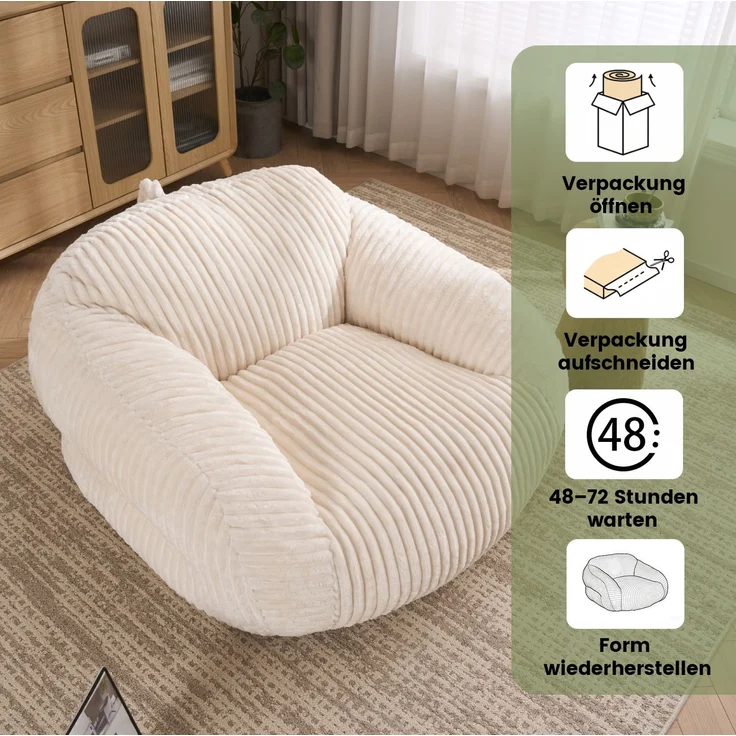 Sitzsack in Beige 116cm×110cm×61cm aus Cord – bereits befüllt, montagefrei für Wohnzimmer, Schlafzimmer und Balkon – Bild 5