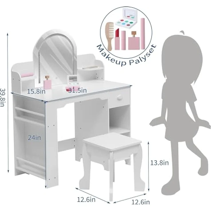 GarveeLife Schminktisch für Kinder mit Hocker und LED-Spiegel, Kleiner Schminktisch mit Schublade und 1 offenen Fächern, für Mädchen von 3-6 Jahren, weiß, inklusive Zubehör – Bild 5