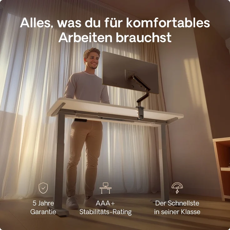 Desktronic HomeOne Elektrisch höhenverstellbarer Schreibtisch 120x60cm Grau/Weiß mit Memory-Funktion, Anti-Kollisions Technologie, USB-A und USB-C-Ladeanschlüssen – Bild 2