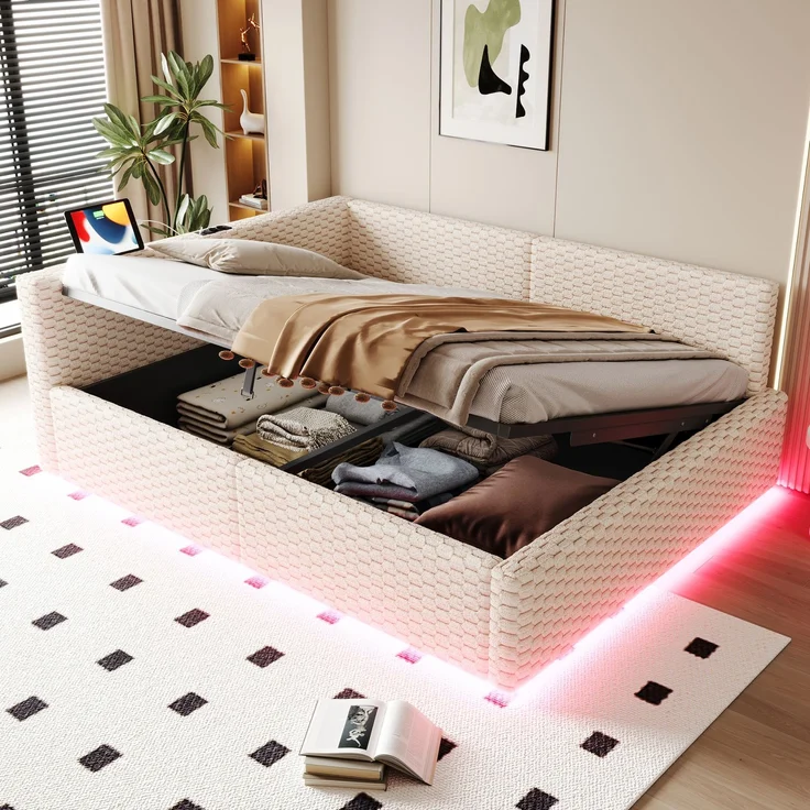 Merax Polsterbett 140 x 200 cm, Doppelbett, Jugendbett mit LED-Beleuchtung, Tape-C und zwei USB-Anschlüssen, L-förmiger weicher Rückenlehne, Samtstoff, Hydraulischem Bettgestell, Beige – Bild 1