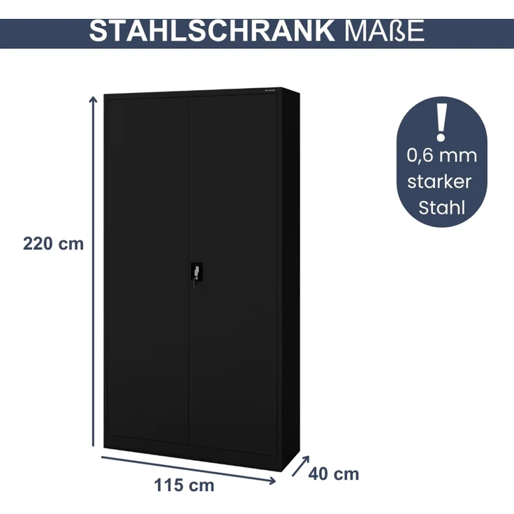 Aktenschrank abschließbar KADO - 6 Ebenen verstellbar, Flügeltüren | Metallschrank Werkstatt Mehrzweckschrank Büroschrank aus Stahl Werkzeugschrank, 220 x 115 x 40 cm Schwarz – Bild 2
