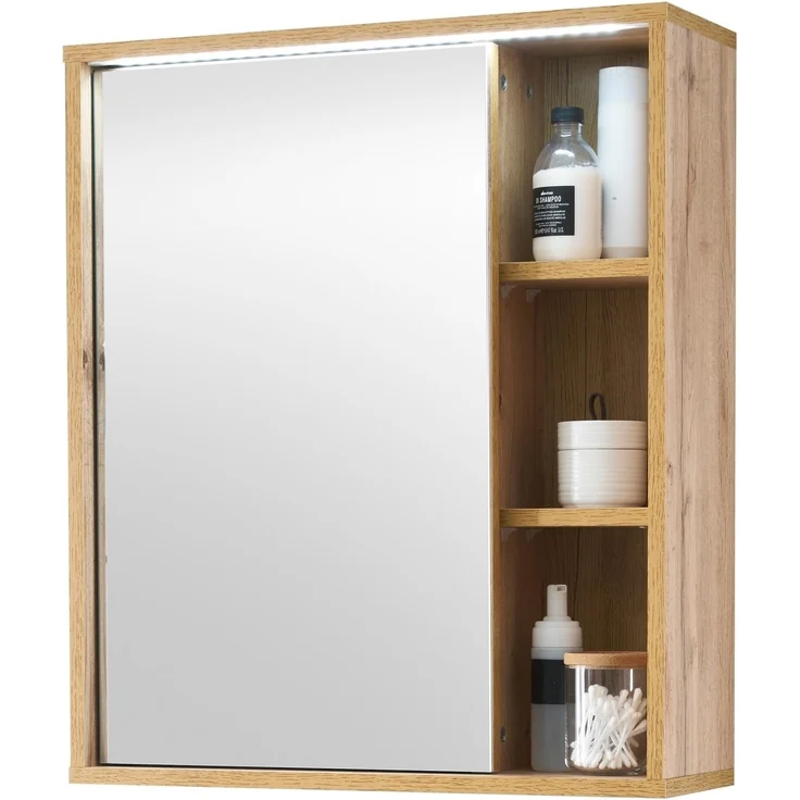 GREECE Spiegelschrank Bad mit LED-Beleuchtung in Wotan Eiche Optik - Badezimmerspiegel Schrank mit viel Stauraum - 60 x 70 x 20 cm (B/H/T) – Bild 1