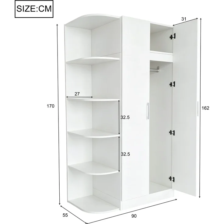 Kleiderschrank 90 x 55 x 170 cm mit Doppeltüren, Regalböden und Schubladen – Weiß und Naturholz – Bild 4