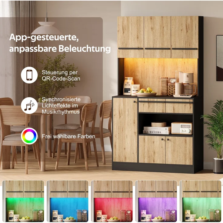 Küchenschrank 100 x 40 x 180 cm mit RGB-LED und verstellbaren Einlegeböden – Natur und Schwarz – Bild 9