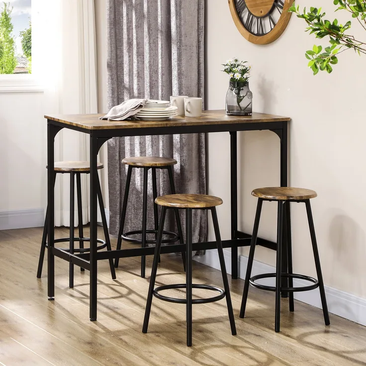 Bartischgruppe H 89,5 x T 50 x B 110 cm in Holzoptik mit Metallgestell und 4 Hockern
